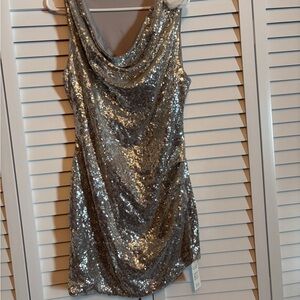 Silver Sequin Ruched Mini Dress with Cowl Neck